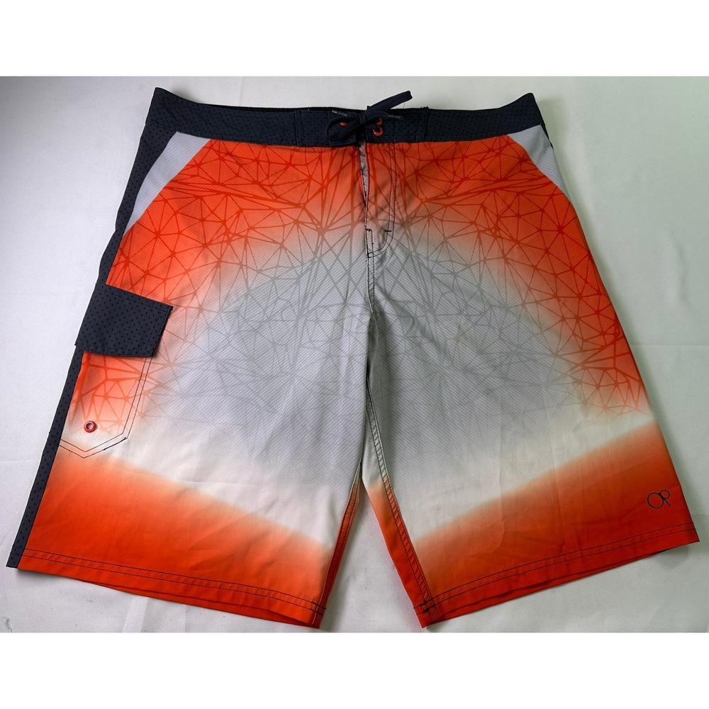 Ocean Pacific OPflex Board Shorts Size 36‎ Orange Geometric 4-Way Stretch Swim